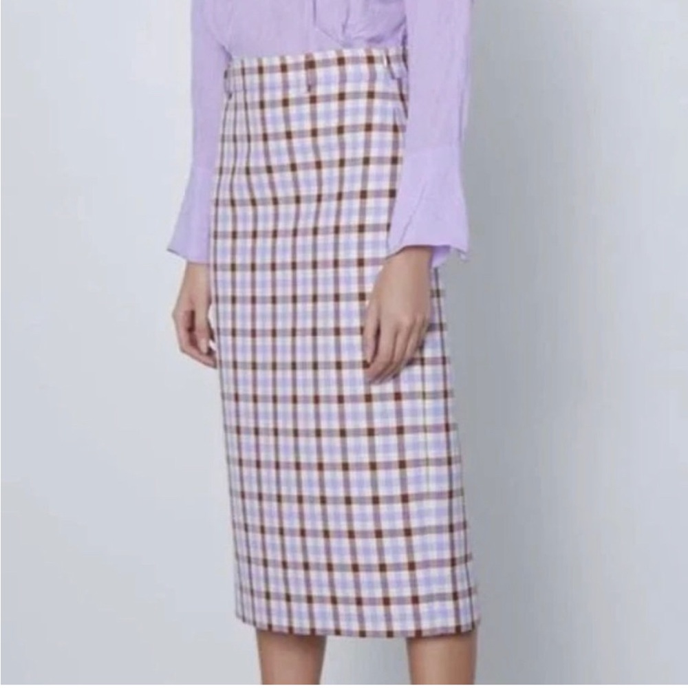 Zara lilac ecru brown tweed midi pencil skirt size XS